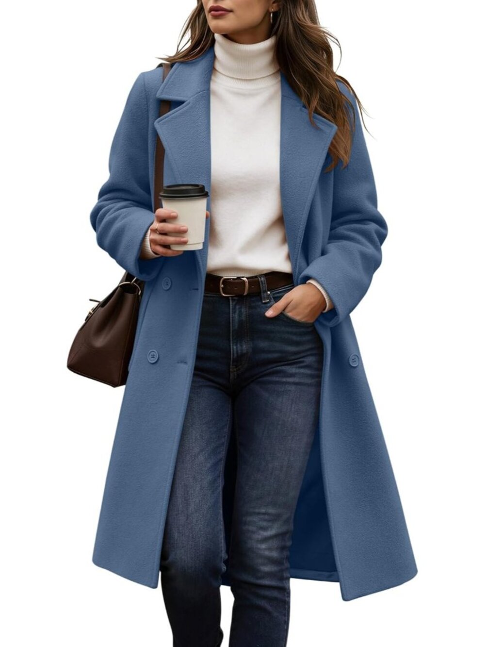 Women's Blue Lapel Collar Long Sleeve Pockets Outerwear Casual Long Trench Coat